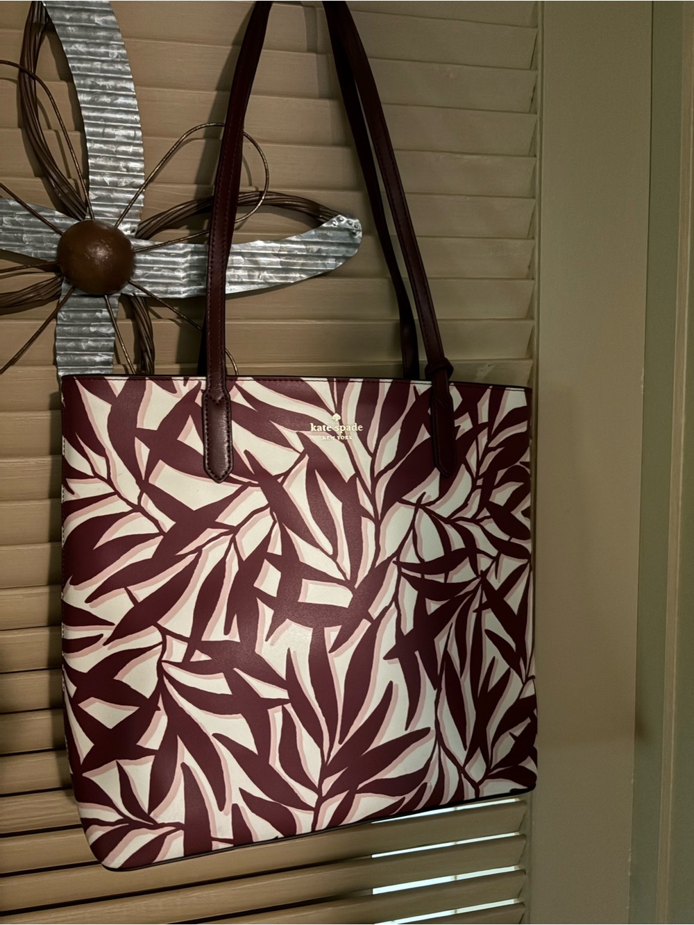kate spade Maroon and Cream Leaf-Print Tote